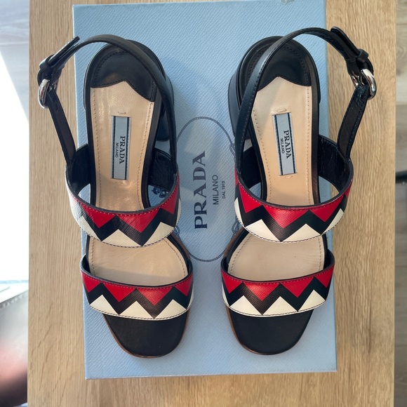 Prada Shoes - Prada Women's Black, Red, and Cream Sandals